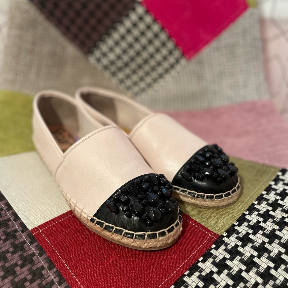 Neutral espadrille slip on with jeweled toe